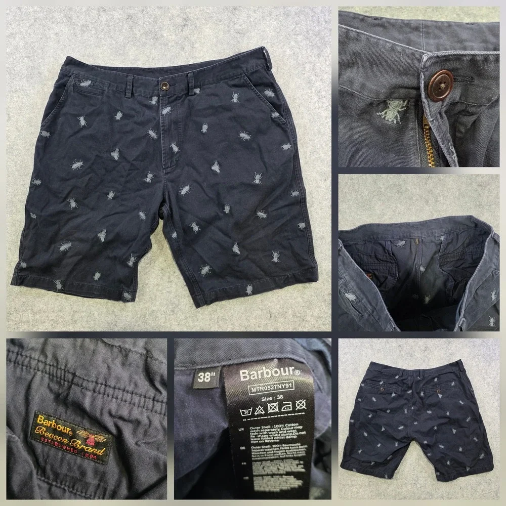 Barbour Shorts Mens 38 Blue Chino Embroidered Bug Animal Print 11‎ Inseam Cotton